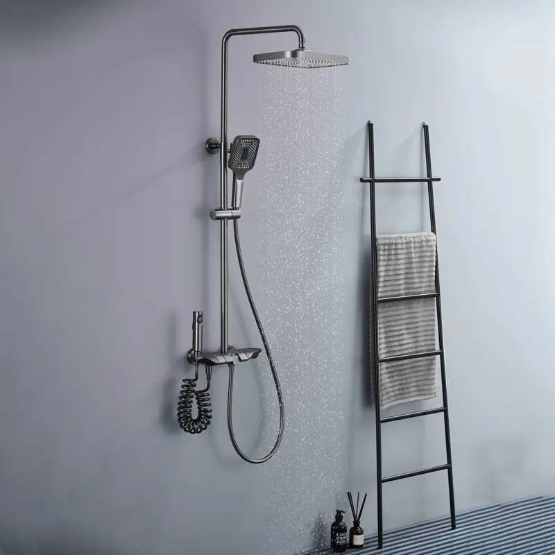 Juego de ducha termostática de baño, grifo mezclador de bañera de latón gris de lujo, calidad