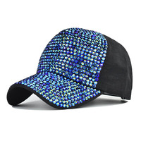 Venta caliente Rhinestone Bling Lady Mujeres Sombrero de béisbol Blue River CZ Diamond See Shell Plain Outdoor Sport Cap
