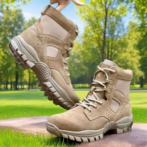 Bottes de combat mi-hautes en cuir marron imperméable avec semelle extérieure en caoutchouc et talon bas pour l'entraînement en extérieur - Product Image 1