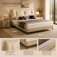 Lit moderne beige écologique en cuir véritable rembourré avec des tables de chevet circulaires et une tête de lit rembourrée