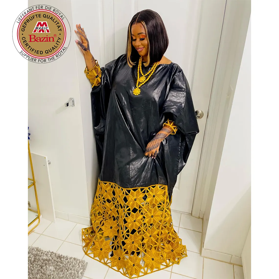 Flower Pattern Black Bazin Riche Dresses For African Nigeria Noble Women Party Evening Gowns Guipure Dashiki Long Dresses