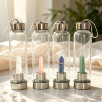 Bouteille d'eau en verre avec infuseur à cristaux de 500 ml, bouteille à boire en verre avec cristaux de guérison, couvercle en bambou en acier inoxydable, bouteille d'eau en verre