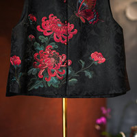 Gilet polyvalent noir en soie de mûrier brodé 'Butterfly Loves Flower' à col rond et simple boutonnage pour femme, modèle 5854