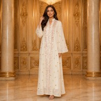 Gaun Kaftan Bordir Payet V-Neck Lengan Panjang Maxi Pinggang Sedang Gaun Pertunangan Muslim Bahan Sifon Gaun Pesta Sederhana untuk Wanita