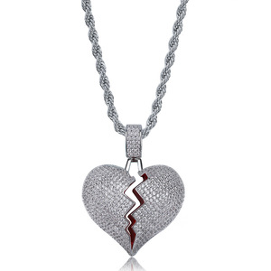 Collier Pendentif Cœur Brisé Iced Out en Laiton CZ Doré Argenté avec Chaîne Corde, Bijoux Hip Hop pour Hommes Femmes, Cadeau - Product Image 5