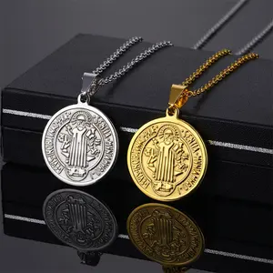 Stainless Steel Religious Items Christian Charm Chain Necklaces With Personalized Catholic Saint Benedict Cross Pendant