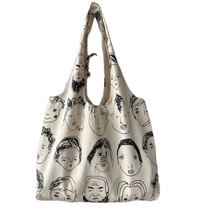 Reusable <b>Large</b> Capacity Eco-Friendly Canvas Tote <b>Bag</b> Letter Print Contrast Open Mouth Closure for Daily Groceries Travel <b>Work</b> - Product Image 1