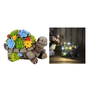 Tortue extérieure en résine avec ornements décoratifs de lumière solaire de fleur succulente pour la décoration de paysage de jardin