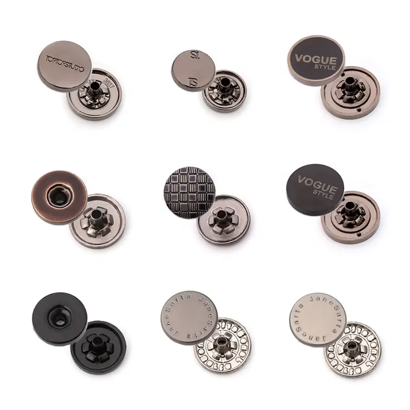 Personalizzato 15mm 17mm 20mm in lega di zinco con logo inciso in ottone bottone a pressione in metallo sostenibile di alta qualità per i vestiti
