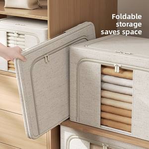 Boîte de rangement pliable en tissu coton-lin à <span class=keywords><strong>double</strong></span> porte avec poche latérale pour vêtements, jouets et organisation de la chambre à coucher - Product Image 3