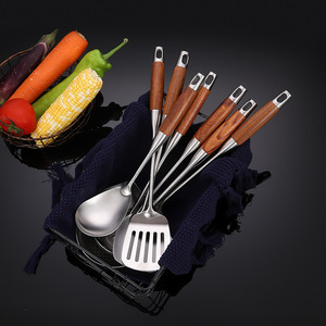 Ensemble d'ustensiles de cuisine en acier inoxydable avec manche en bois de rose 304, spatule épaisse pour la maison, écumoire, louche à soupe, cuillère à nouilles - Product Image 1