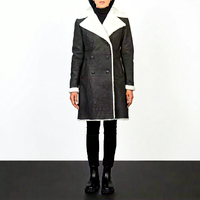 Manteau long en cuir véritable noir pour femme, style trench, double boutonnage, avec fourrure synthétique contrastante, coupe classique, vêtements d'extérieur tendance