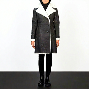 Manteau long en cuir véritable noir pour femme, style trench, double boutonnage, avec fourrure synthétique contrastante, coupe classique, vêtements d'extérieur tendance - Product Image 1
