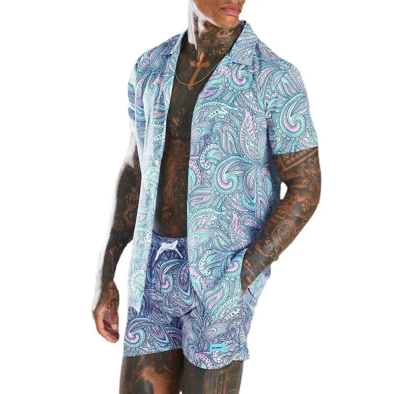 Costumi da bagno estivi da uomo hawaiani 2 pezzi Set smoking urbano di dimensioni americane stampato floreale elegante camicia e pantaloncini in tessuto lavorato a maglia da uomo