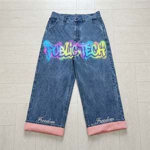 Pantalones Vaqueros Anchos de Mezclilla con Bordado Plano Desgastado Estilo Streetwear Personalizado, Ajuste Holgado, Estampado Digital, Parches a Cuadros, Jeans Rectos para Hombre - Product Image 1