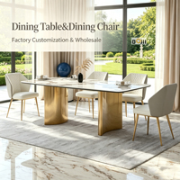 Ensemble de table à manger rectangulaire en marbre pour 6 personnes avec base en acier inoxydable doré, table en pierre frittée avec chaises capitonnées en diamant