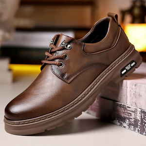 Chaussures décontractées rétro en cuir véritable pour hommes, bout rond, lacets, semelle extérieure en caoutchouc antidérapante, semelle épaisse pour l'automne - Product Image 1