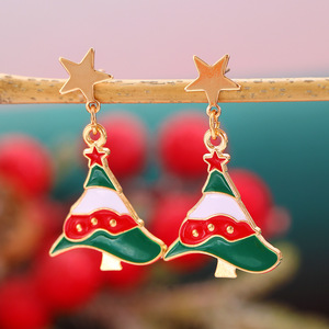 Pendientes colgantes de estrella de cinco puntas asimétricos de moda de aleación de Reno de árbol de Navidad de Papá Noel de goteo de aceite de dibujos animados transfronterizos - Product Image 6