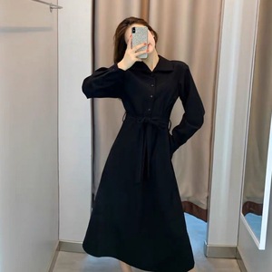 Black Shirt Dress Women Long Sleeve Turn Down Collar Solid Color Vintage Daily Wear A Line Mid Length Dress - Product Image 1