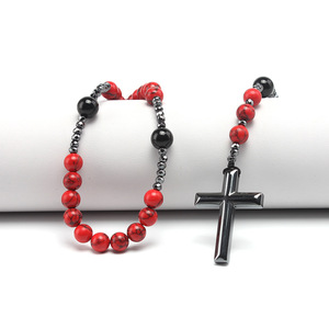 Collana da Uomo con Ciondolo a Croce in Pietra Naturale, Perle di Agata Nera e <span class=keywords><strong>Pietre</strong></span> di Pino Rosso da 8mm - Product Image 6