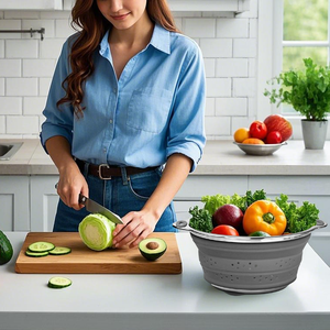 BPA मुक्त रसोई बंधनेवाला सिलिकॉन Foldable नाली जाल छलनी कोलंडर 9.5 "हैंडल के साथ - Product Image 5