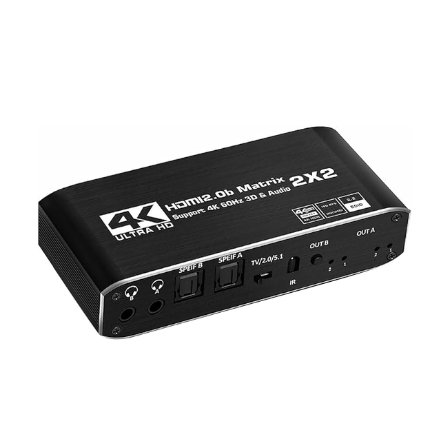 2x2 H DMI 2.0b 2 in 2 Out Matrix Switch 4K60Hz HDR10 18.5Gbps HDCP2.2, Dual Optical & 3.5mm Audio Extractor IR Remote Control