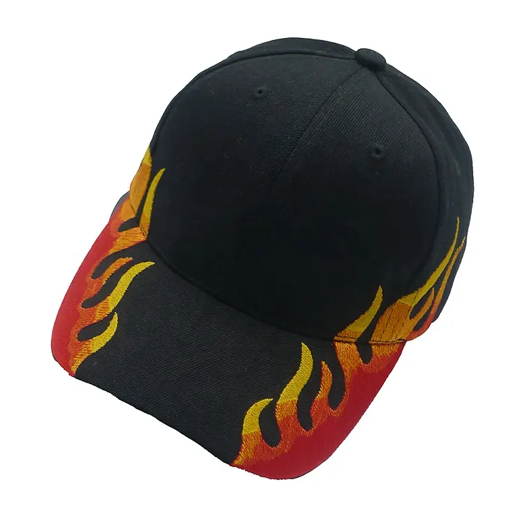 Fire Flame Baseball Cap Cotton Sport Hat High Quality Unique Embroidered Custom Logo Black Unisex Adults 100 cotton 6 panel hat