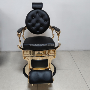 Sillón de <span class=keywords><strong>Barber</strong></span>ía de la Mejor Calidad con Base Redonda, Reclinable, en Cuero Dorado y Negro para Hombres, para <span class=keywords><strong>Barber</strong></span>ía - Product Image 2