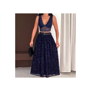 Women's Navy Blue Modest Skirt <b>Elastic</b> Waist Flocked Tulle 100 Cm Length - Product Image 2