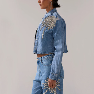 Giacca in Denim lavata classica a maniche lunghe personalizzata Casual a vita alta <span class=keywords><strong>con</strong></span> <span class=keywords><strong>pantaloni</strong></span> in Denim a gamba larga a due pezzi - Product Image 2