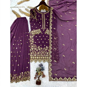 Ensemble Anarkali en Faux Georgette Brodé Violet à Séchage Rapide avec Dupatta, Tenue Traditionnelle Indienne et Pakistanaise pour Mariage, Coupe Classique - Product Image 5