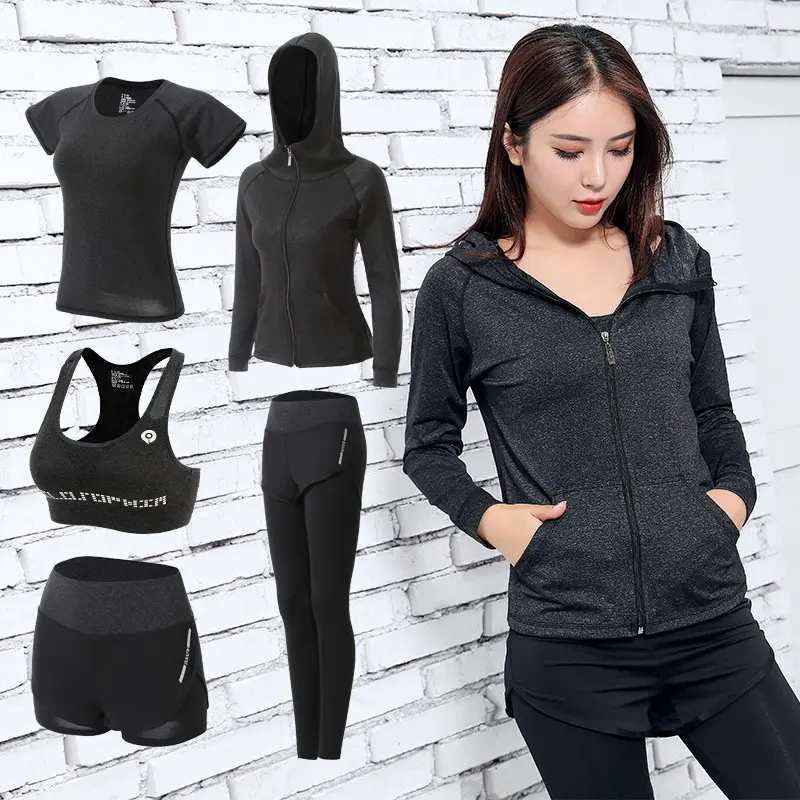 Quick Dry Jacket t-shirt reggiseno pantaloncini pantaloni 5 pezzi abbigliamento sportivo tuta donna Fitness Yoga Wear Set abbigliamento da palestra