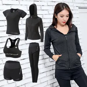 Veste à séchage rapide T-Shirt soutien-gorge Shorts pantalon 5 pièces vêtements de sport survêtement femmes Fitness Yoga porter ensemble vêtements de sport