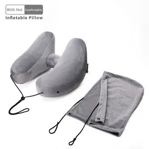 Airplane Neck Pillow Wholesale 2023 Grey Travel Airplane H-Shape Folding Inflatable Neck Pillow With Hoodie