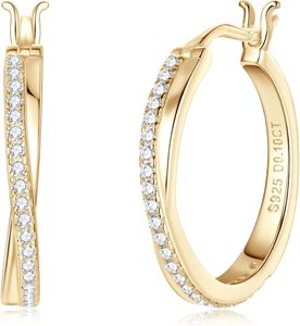 Pendientes Huggie de Plata 925 Chapados en Oro con Diamantes, Diseño Geométrico de 22 mm para Mujer - Product Image 1