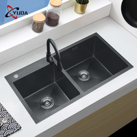 Évier de cuisine grand format en acier inoxydable 304 durable, intelligent, double bac carré, à un trou avec double égouttoir