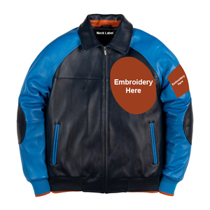 Men's Blue Black PU Leather Bomber Jacket With Embroidery Front Style Turn-down Collar Zipper Closure - Product Image 3
