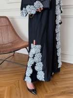 Abaya noire personnalisée Hafizah pour femme, robe longue kimono de luxe avec appliques en dentelle de rose blanche, manches chauve-souris, style islamique musulman OEM