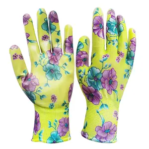 GD3002 Colorido Estampado de flores florales Forro de nailon Recubrimiento de Palma de nitrilo transparente Guantes de mano de trabajo para dama