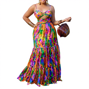 Q062 Nouvelle Robe Longue <span class=keywords><strong>Femme</strong></span> Grande Taille, Sexy, Imprimée, Sans Manches, Dos Nu, à Bretelles, Style Européen, pour le Commerce Transfrontalier - Product Image 1