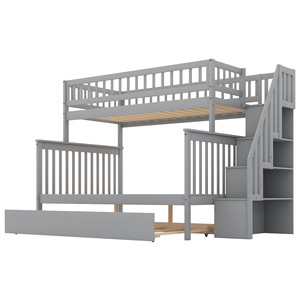 Grey <b>Wooden</b> <b>Bunk</b> <b>Bed</b> With Stairs And Pull Out Trundle For Kids Bedroom Storage Design - Product Image 4