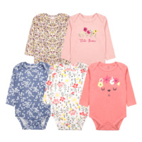 Lot de 5 grenouillères en coton pour bébé, manches longues, fermeture boutonnée, 9-12 mois, motif brodé mignon, été
