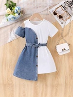 Ensemble de vêtements pour enfants en deux pièces, robe courte à manches courtes en denim patchwork de style européen/américain + ceinture