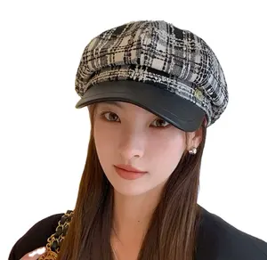 Chapéus xadrez retrô britânicos, chapéu de cor loira estilo francês elegante com estampa floral, versão coreana, octogonal, chapéu para mulheres