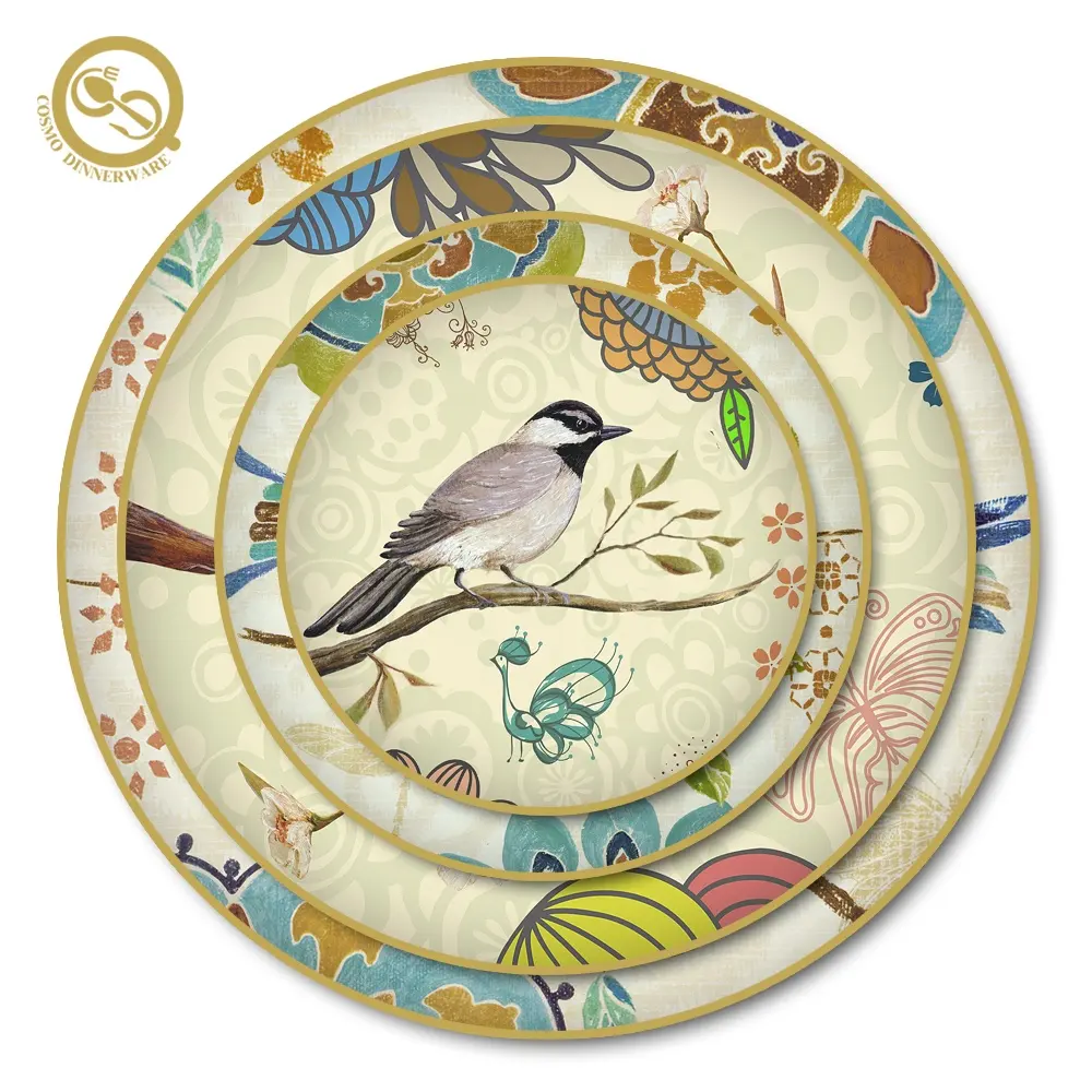 Handpainted gold rim nordic mexican home bird dinnerware sets for sale bone China dinner plate gold luxury dinner set