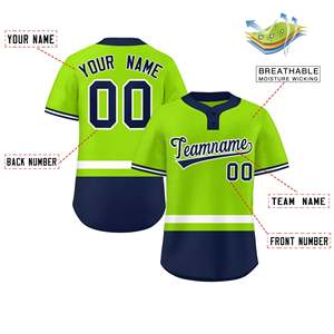 Maillot de softball personnalisé à deux boutons, couleur vert néon, blanc et bleu marine, authentique et personnalisé - Product Image 2
