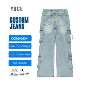 Jean cargo YUCE pour homme, coupe ample, <span class=keywords><strong>denim</strong></span> bleu clair, multi-poches, jambe large empilée, délavage vintage, streetwear, fabrication OEM sur mesure - Product Image 4