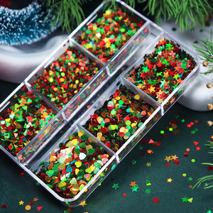 Autocollants de Noël populaires pour la décoration des ongles, 6 compartiments, styles variés, paillettes laser holographiques rondes et étoiles - Product Image 4