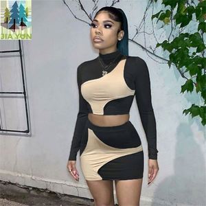 <span class=keywords><strong>Abbigliamento</strong></span> da donna 2021 moda stile elegante stile Patchwork contrasto colore 2 pezzo manica lunga top Set gonne corte - Product Image 6