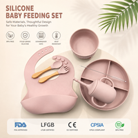 Ensemble de 6 pièces d'ustensiles d'alimentation souples en silicone de qualité alimentaire pour bébé, comprenant assiette, bol, tasse, bavoir et cuillère à ventouse